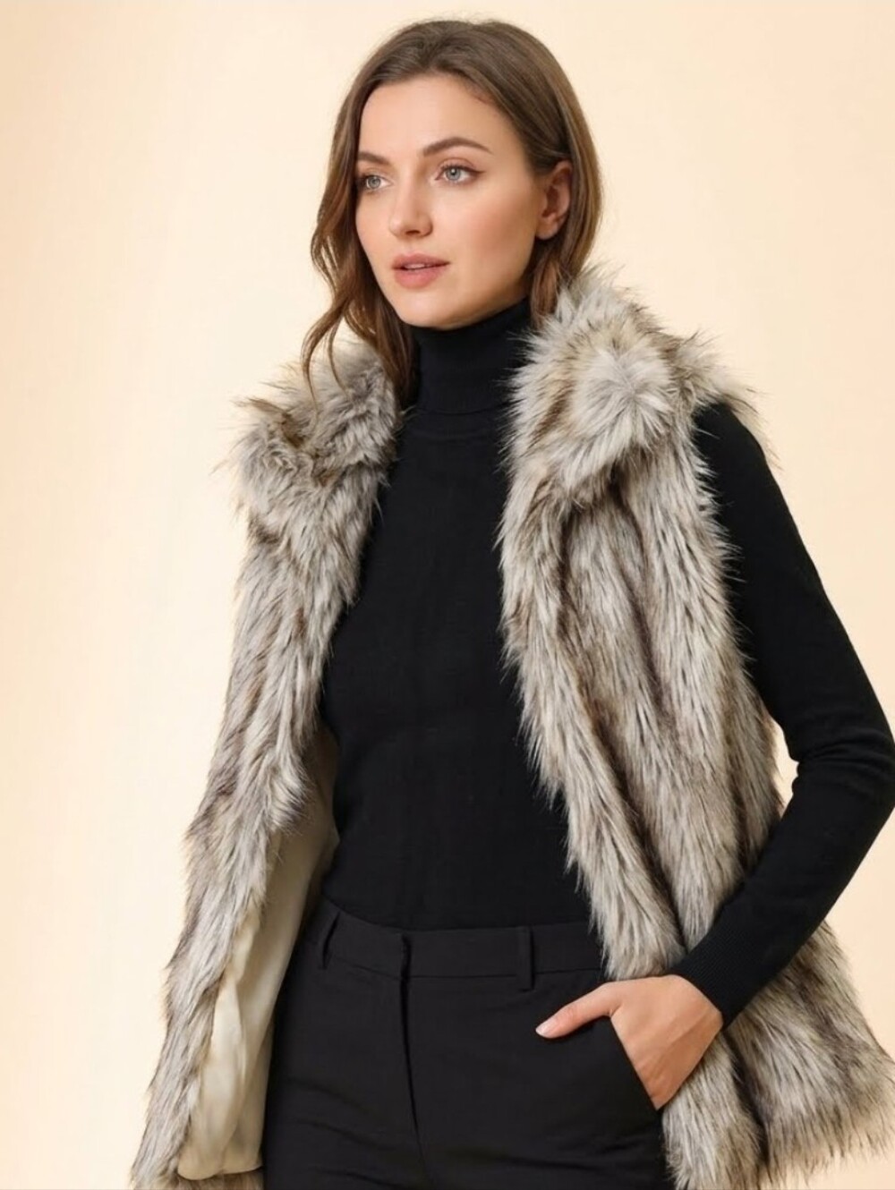 Ci Sono Cream and Taupe Faux Fur Teddy Jacket